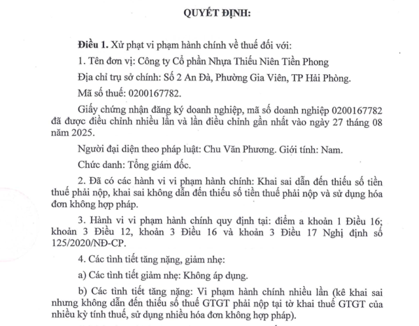 Nhựa Tiền Phong bị truy thu, xử phạt hơn 10 tỉ đồng 