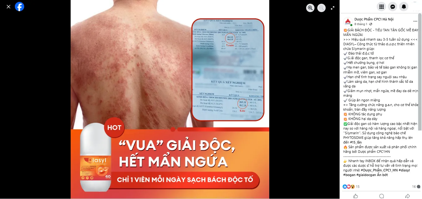 Dấu hiệu quảng cáo “thuốc hóa” thực phẩm bảo vệ sức khỏe Rosimet và Diasyl